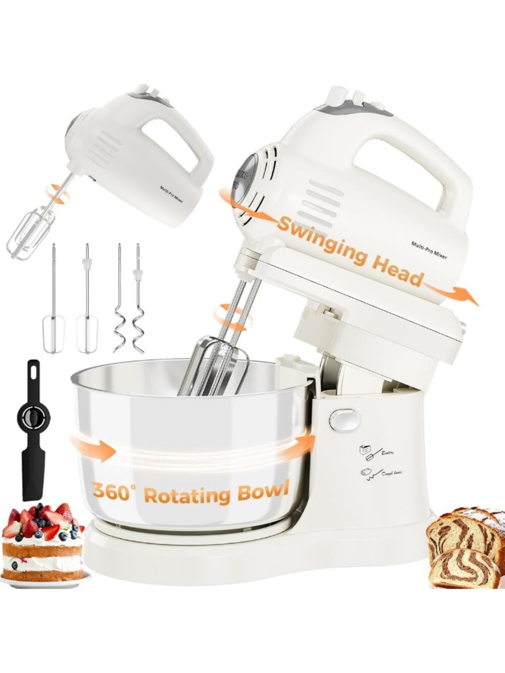 2-in-1 Electric Stand Mixer 3.2QT with Auto-Rotating Bowl & 5-Speed Turbo for